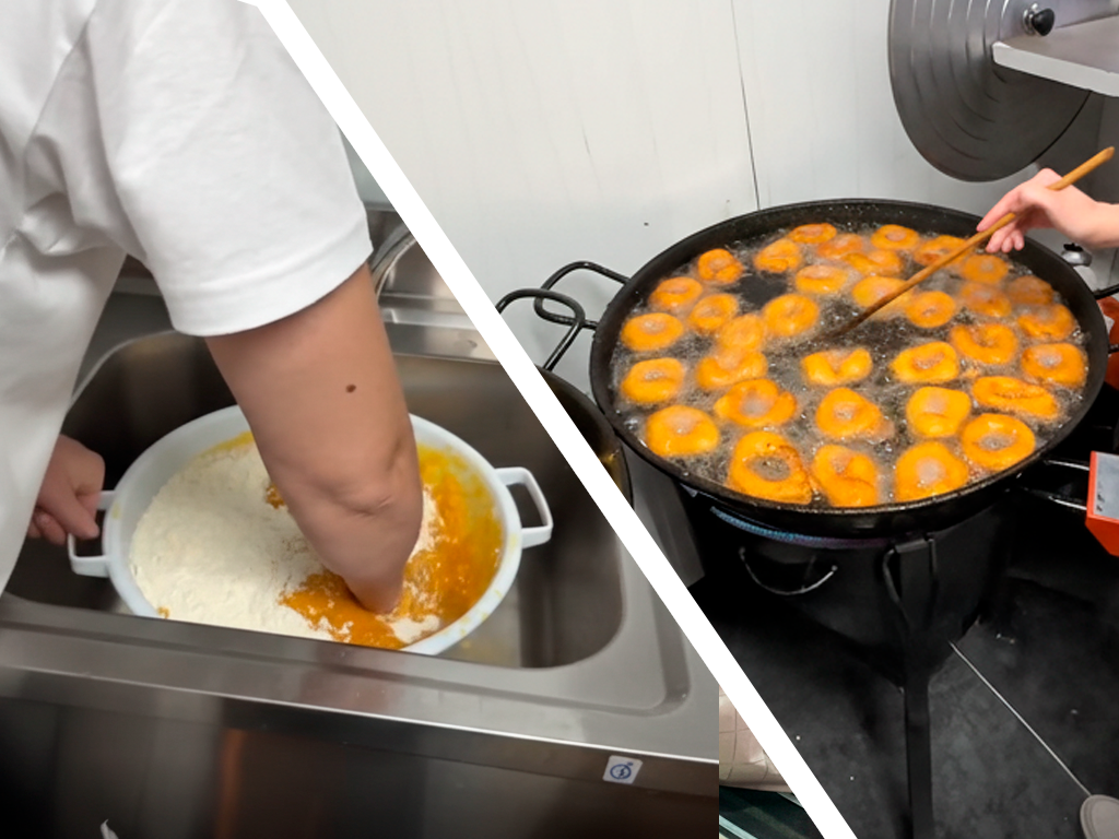 Proceso artesanal: preparación de la masa y fritura de buñuelos de calabaza